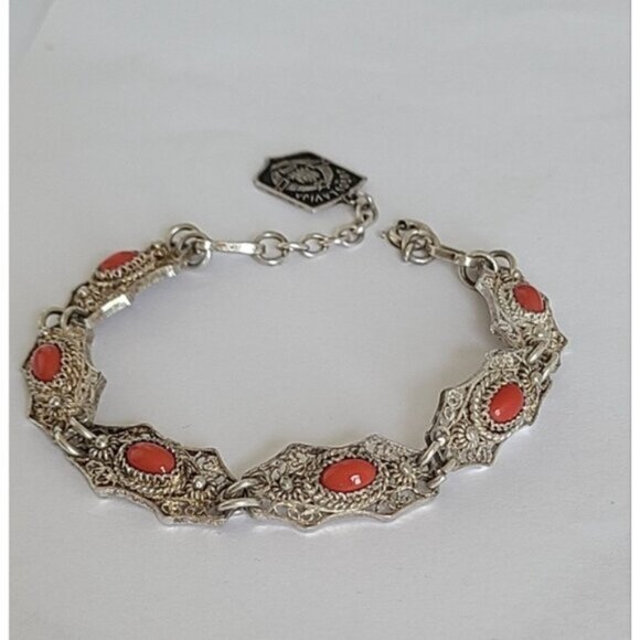 Vintage Antique Boho Sterling Silver Red Coral Cabochon Filigree Chain Bracelet - Picture 3 of 15